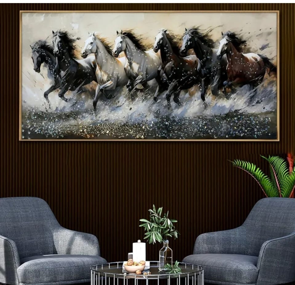 “7 Running White Horses Crystal Wall Art – Vastu-Inspired Framed Painting for Home & Office Decor”