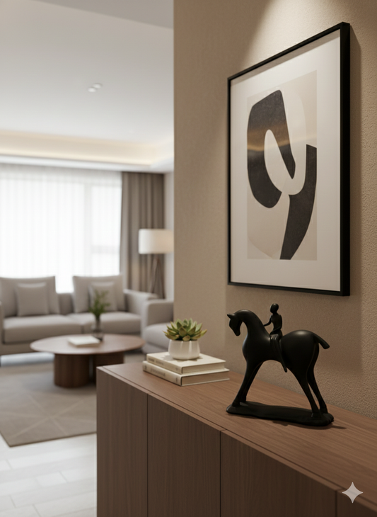 Minimalist Black Horse with Rider lady Sculpture