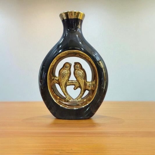 Elegant Black & Gold Lovebirds Ceramic Vase