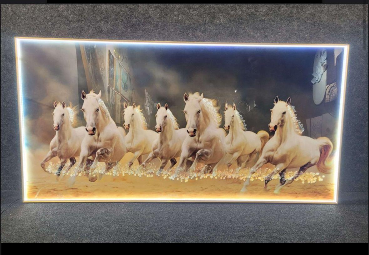 7 White Horses LED Frame – Vastu Wall Decor for Home & Office