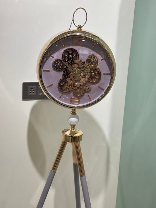 Premium Tripod Standing Gear Clock with Grey Legs light voilet background – Gold Finish