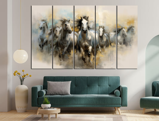 Vaastu 7 Horses Set of 5 Big Size (48x30) Multiple Frames Wall Art Painting for living room