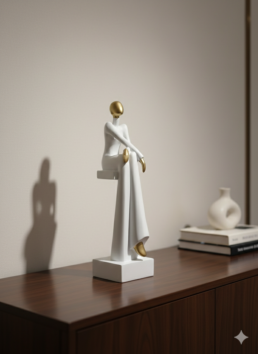 Modern Abstract Thinker Sculpture - White & Gold Resin Decor