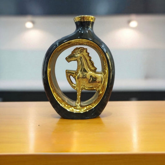 Majestic Black & Gold Horse Ceramic Vase