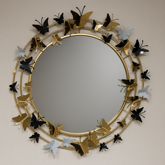 Premium Round Metal Wall Mirror with Floral Frame – Golden & Silver 3D Leaves