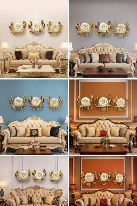 Metal 3D Floral Wall Art – Beige & Gold Living Room Décor