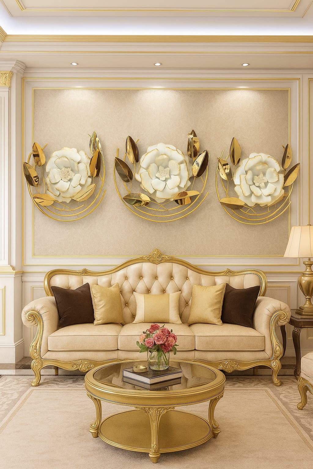 Metal 3D Floral Wall Art – Beige & Gold Living Room Décor