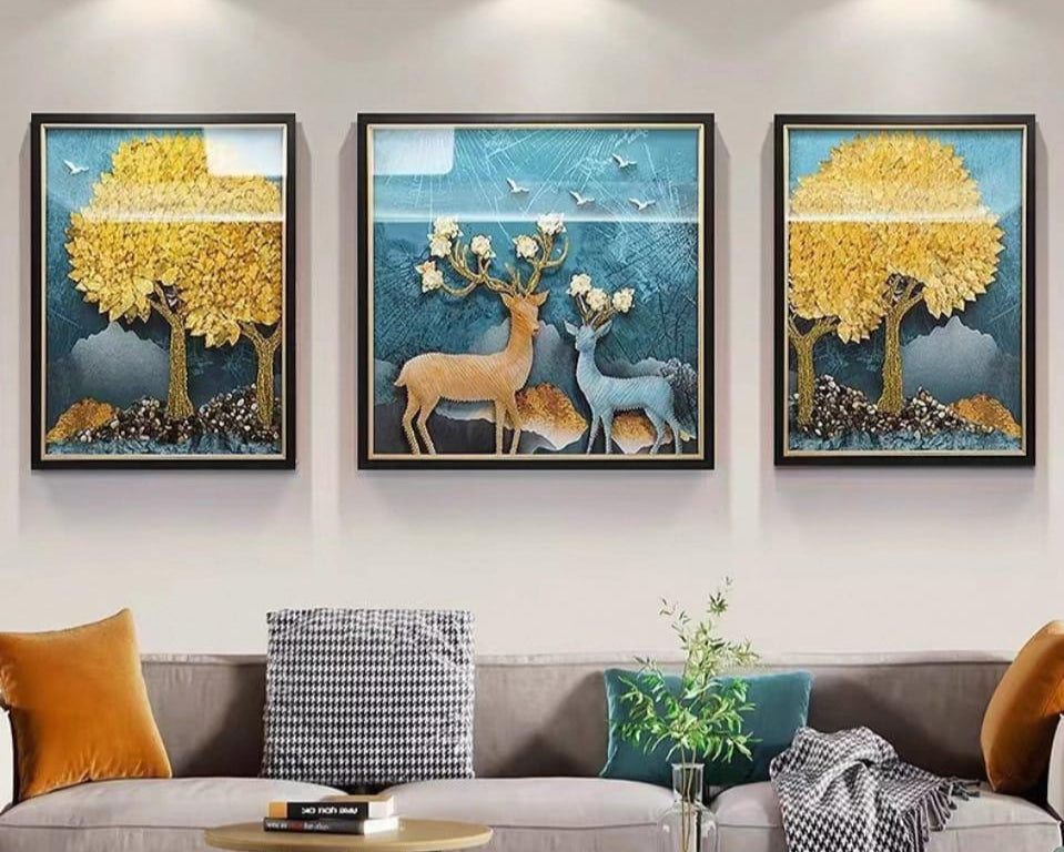 "Majestic Deer & Autumn Trees – 3-Panel Framed Art Decor"