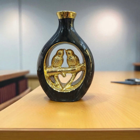 Elegant Black & Gold Lovebirds Ceramic Vase