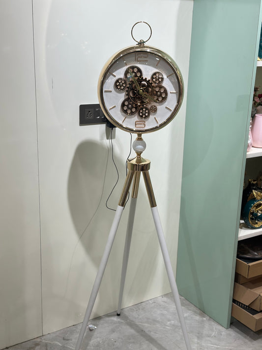 Luxury Tripod Standing Gear Clock with LED Light – Gold & White Finish