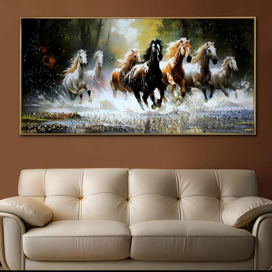 7 Running White Horses Crystal Wall Art – Vastu-Inspired Framed Painting for Home & Office Decor