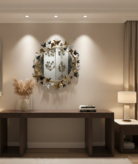 Premium Round Metal Wall Mirror with Floral Frame – Golden & Silver 3D Leaves