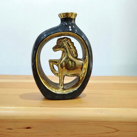 Majestic Black & Gold Horse Ceramic Vase