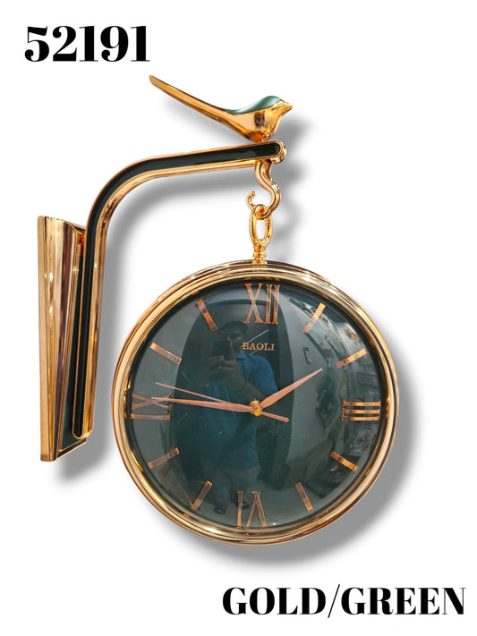 Luxury Double-Sided Station Clock with Bird Design – Model (Green/Gold)