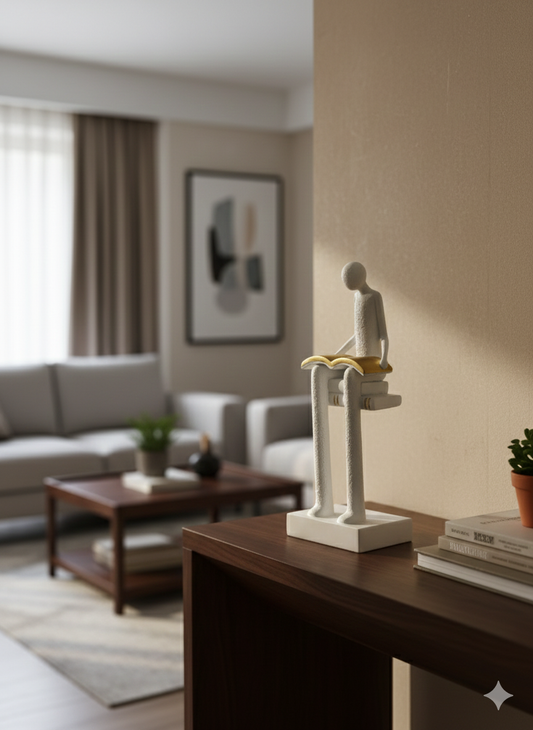 Minimalist Abstract Reader Sculpture - White & Gold Book