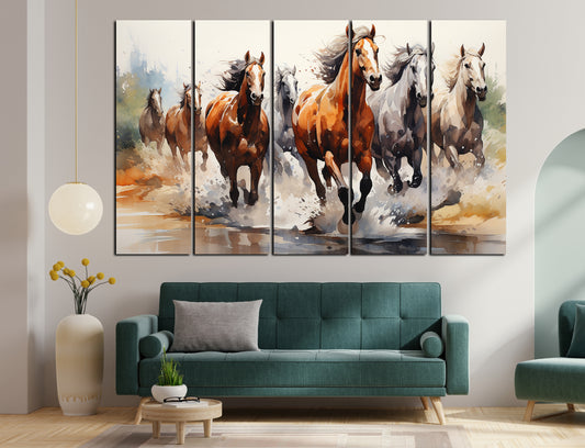 Vaastu 7 Horses Set of 5 Big Size (48x30) Multiple Frames Wall Art Painting for Bedroom