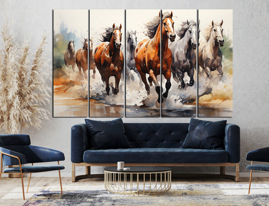 Vaastu 7 Horses Set of 5 Big Size (48x30) Multiple Frames Wall Art Painting for Bedroom