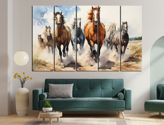 Vaastu 7 Horses Set of 5 Big Size (48x30) Multiple Frames Wall Art Painting for Room
