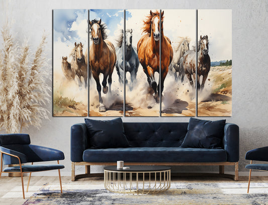 Vaastu 7 Horses Set of 5 Big Size (48x30) Multiple Frames Wall Art Painting for Room