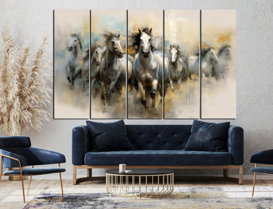 Vaastu 7 Horses Set of 5 Big Size (48x30) Multiple Frames Wall Art Painting for living room