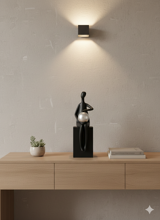 Abstract Figure Holding Silver Sphere Sculpture - Black & silver