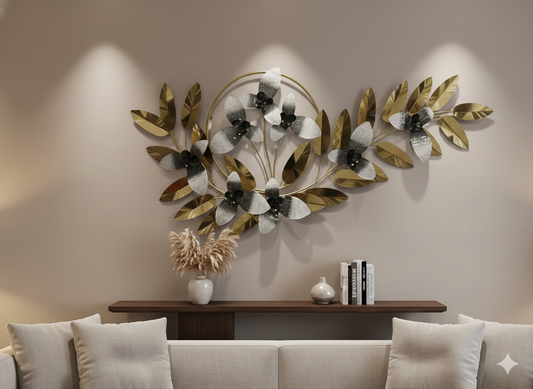 Golden & white Floral Metal Wall Art – Premium 3D Leaf & Bloom Design