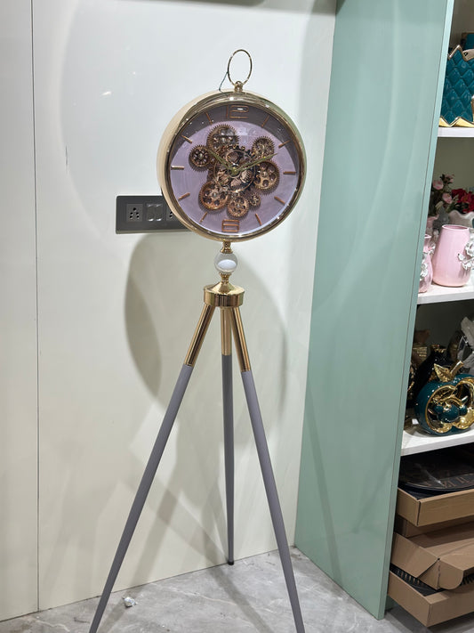 Premium Tripod Standing Gear Clock with Grey Legs light voilet background – Gold Finish