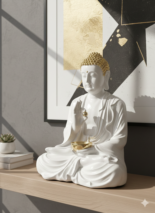 Serene Meditating Buddha Statue - White & Gold Accent