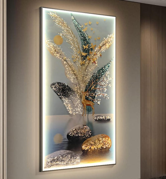 Golden Aura LED 3D Leaf & Deer Wall Art – Luxury Side Light Decorative Panel Aluminium Framed