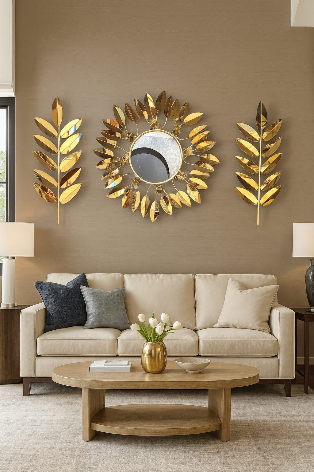 Elegant Gold Leaf Wall Decor with Mirror – Luxurious Living Room Accent Set