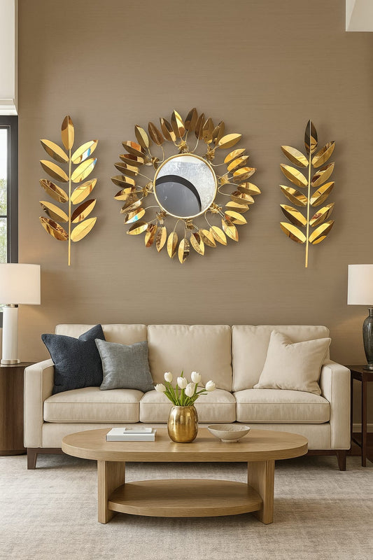 Elegant Gold Leaf Wall Decor with Mirror – Luxurious Living Room Accent Set