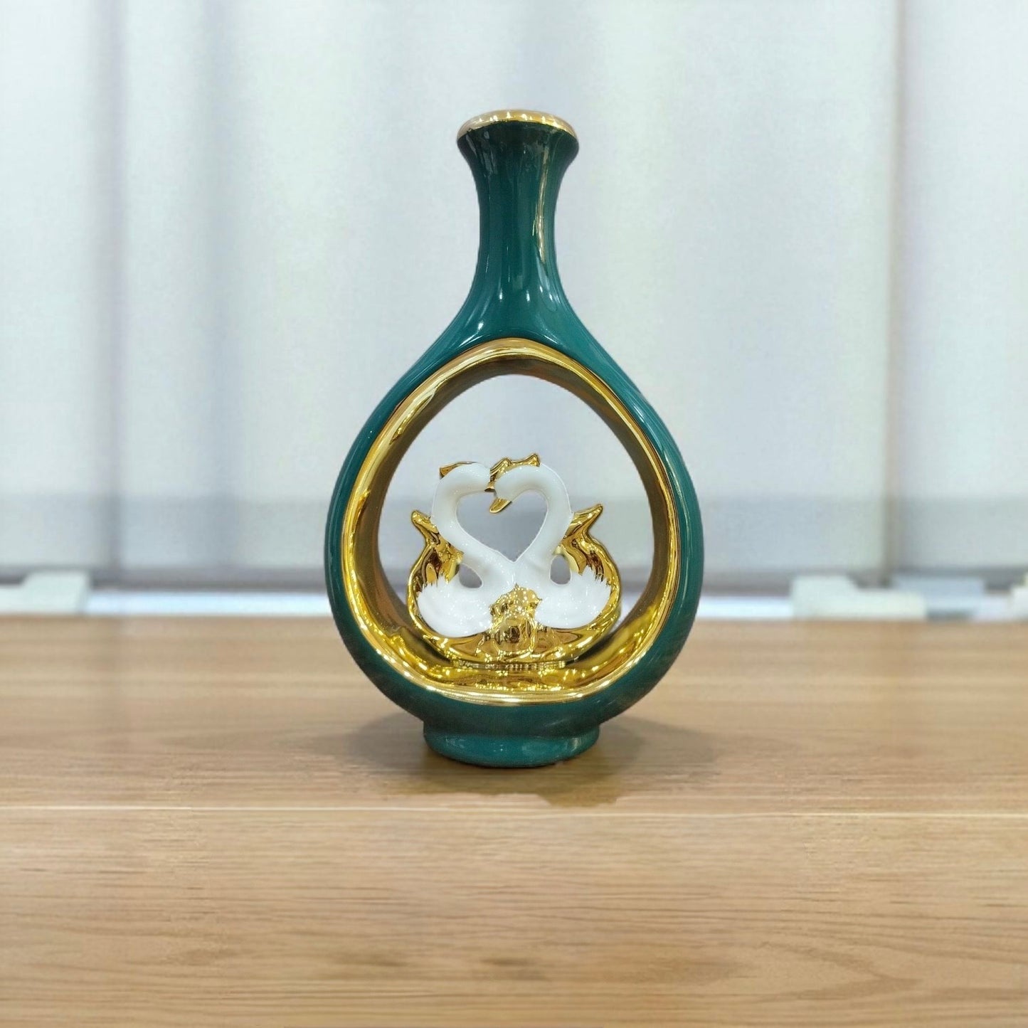 Elegant Black & Gold Swan Couple Ceramic Vase 28cm size
