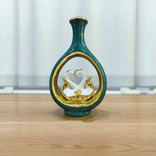 Elegant Black & Gold Swan Couple Ceramic Vase 28cm size