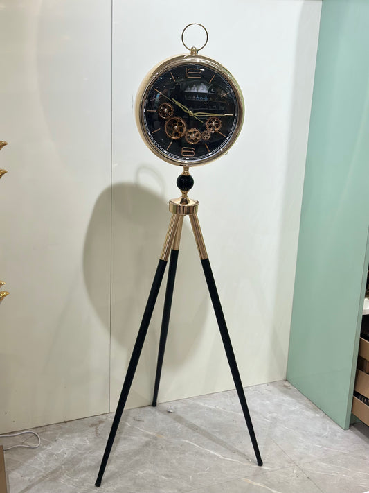 Luxury Tripod Standing Gear Clock – Black Legs, Gold Frame