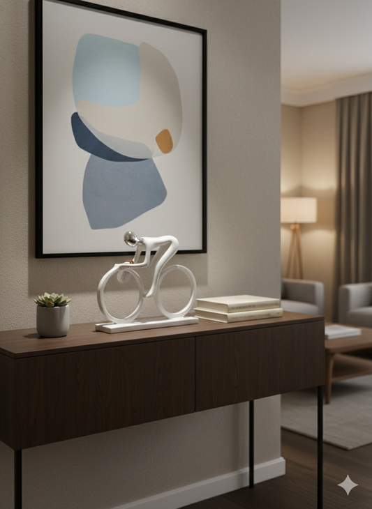 Dynamic Abstract Cyclist Sculpture - White & Chrome Finish