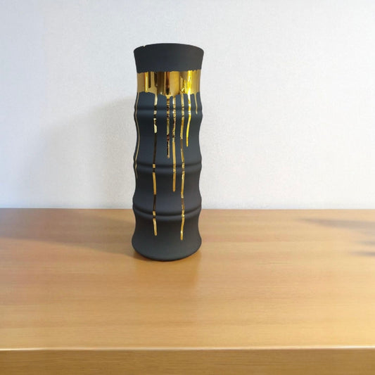 Black Frosted Glass Pot with Gold Drip Accent