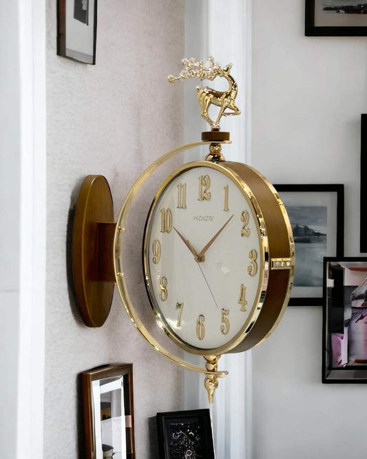 Luxury Double-Sided Gold Station Wall Clock with Deer Top Accent – Antique Elegance