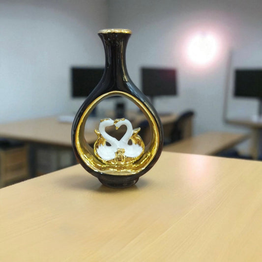 Elegant Black & Gold Swan Couple Ceramic Vase 28cm size
