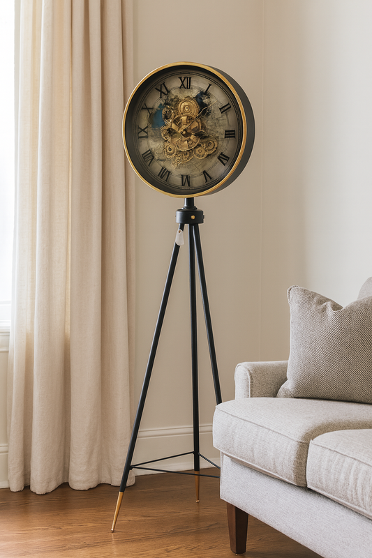 Vintage Tripod Standing Clock – Premium Metal Gear Design (Corner Home Decor)
