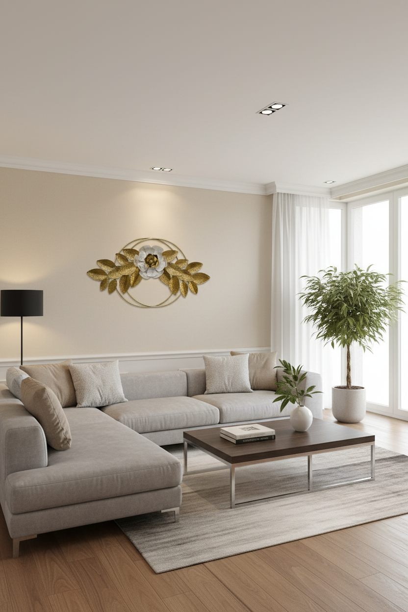 Golden Floral Metal Wall Art in Modern Living Room