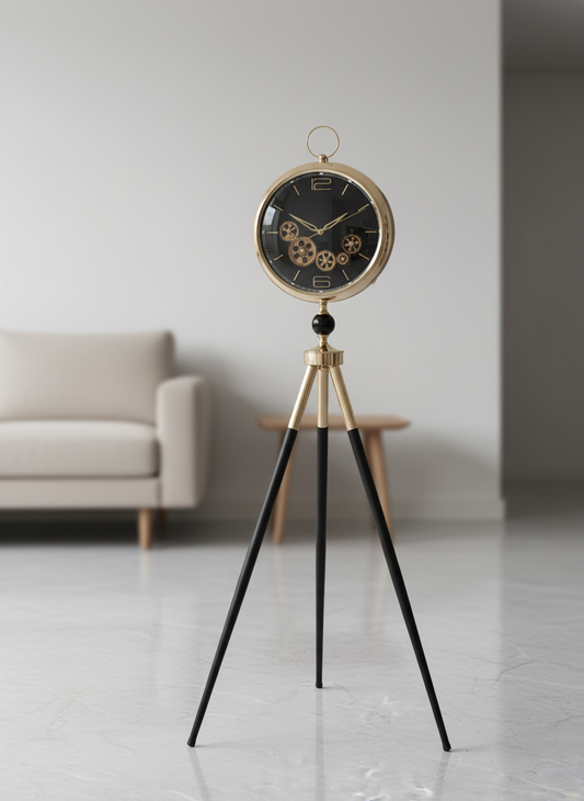 Luxury Tripod Clock with Minimal Living Room Background