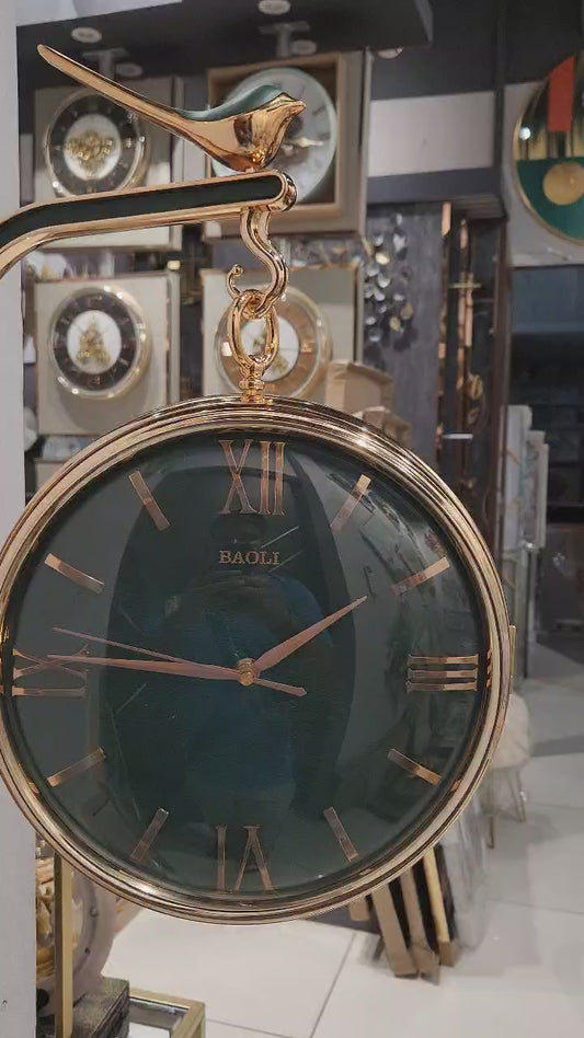 Luxury Double-Sided Station Clock with Bird Design – Model (Green/Gold)