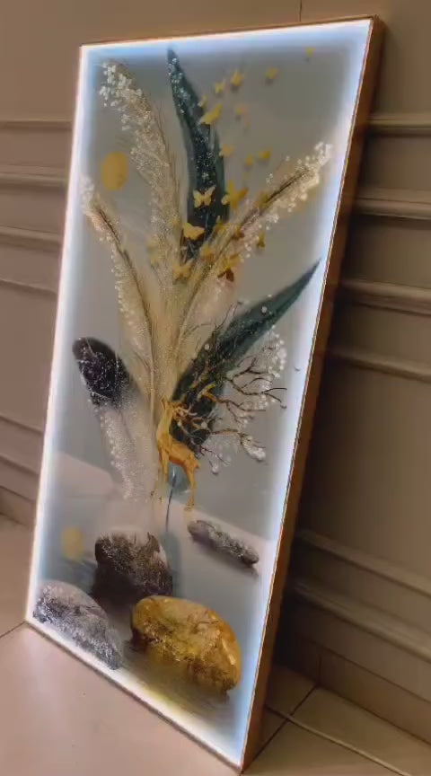 Golden Aura LED 3D Leaf & Deer Wall Art – Luxury Side Light Decorative Panel Aluminium Framed